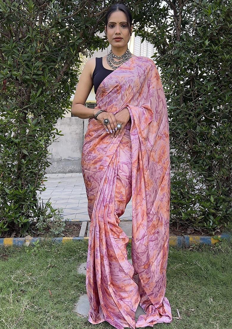 Pink Printed Satin Saree Set