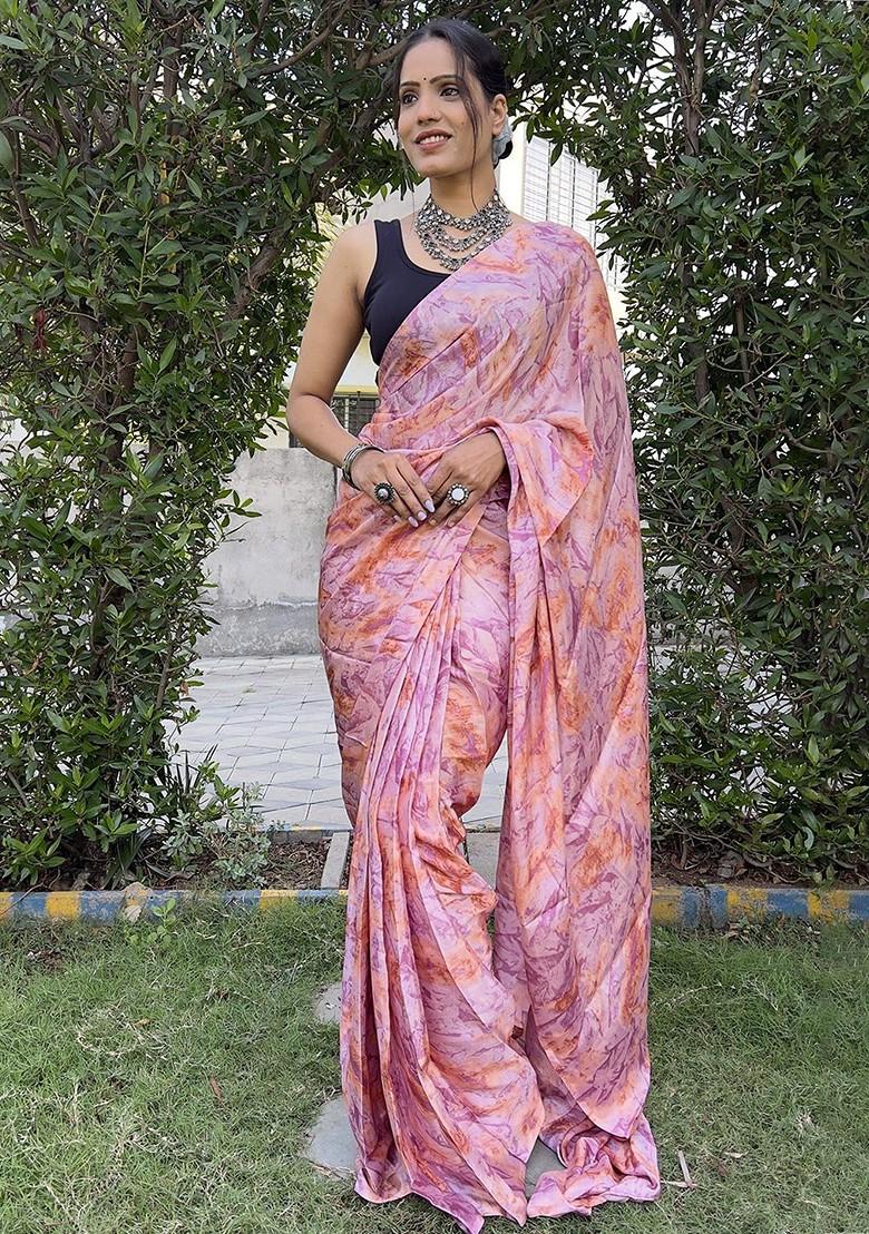 Pink Printed Satin Saree Set