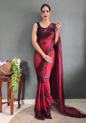Red Embroidered Crepe Saree Set