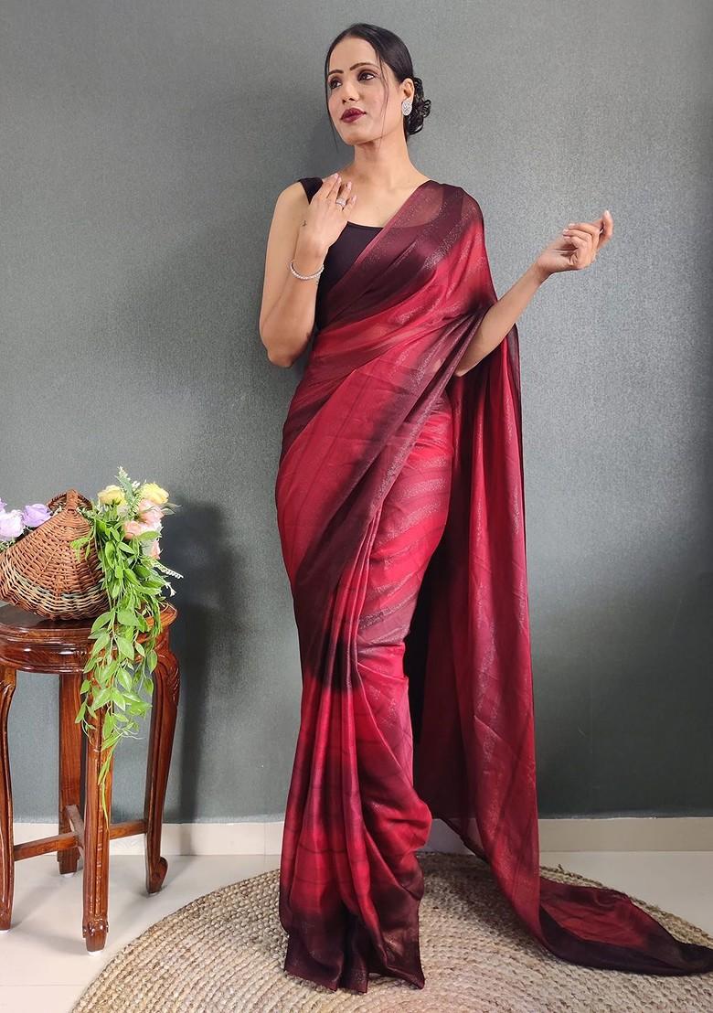 Red Embroidered Crepe Saree Set
