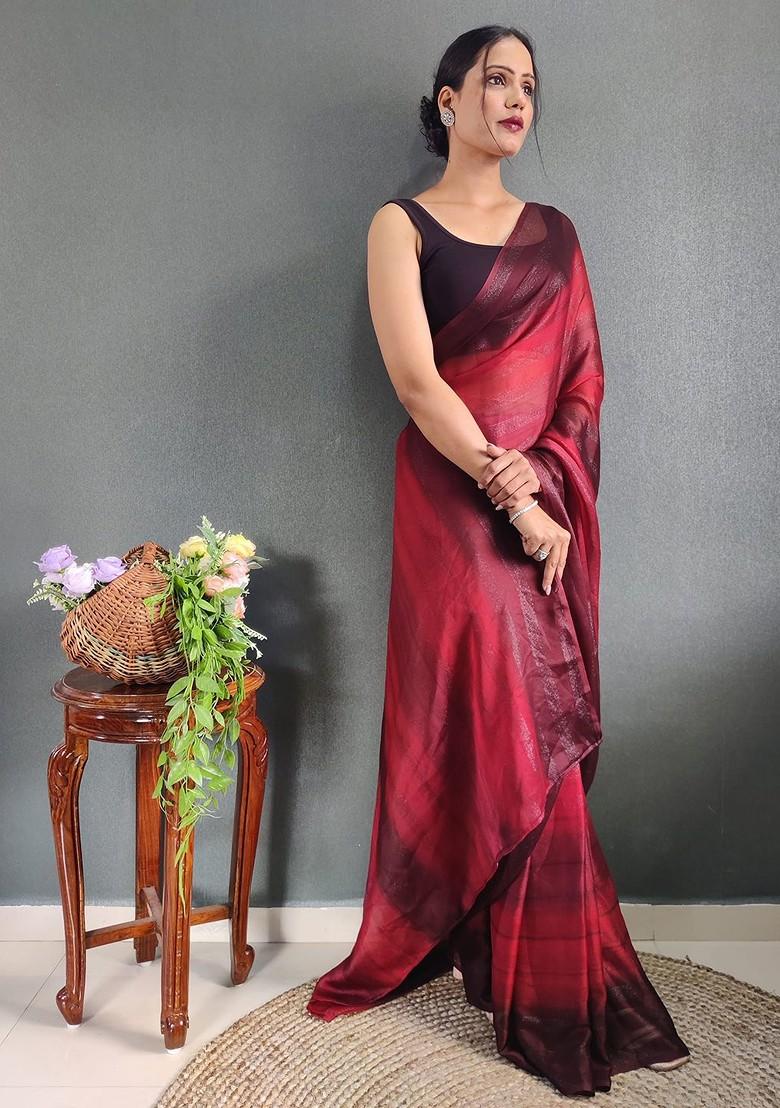 Red Embroidered Crepe Saree Set