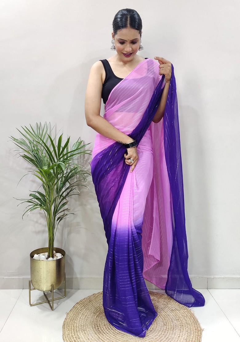 Purple Embroidered Chiffon Saree Set