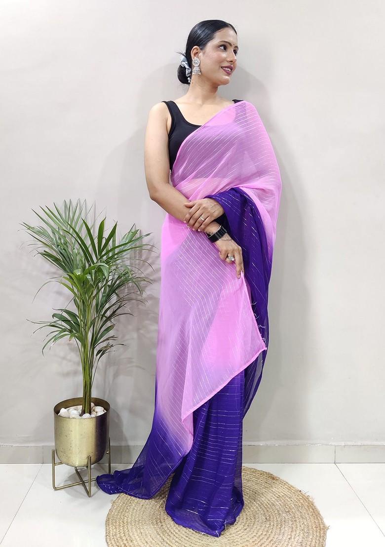 Purple Embroidered Chiffon Saree Set