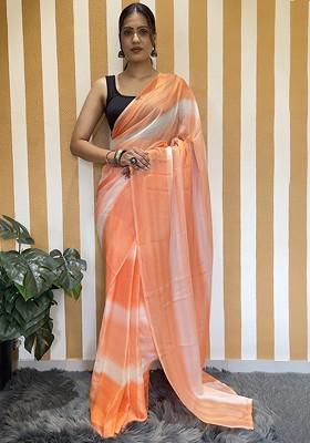 Orange Striped Chiffon Saree Set