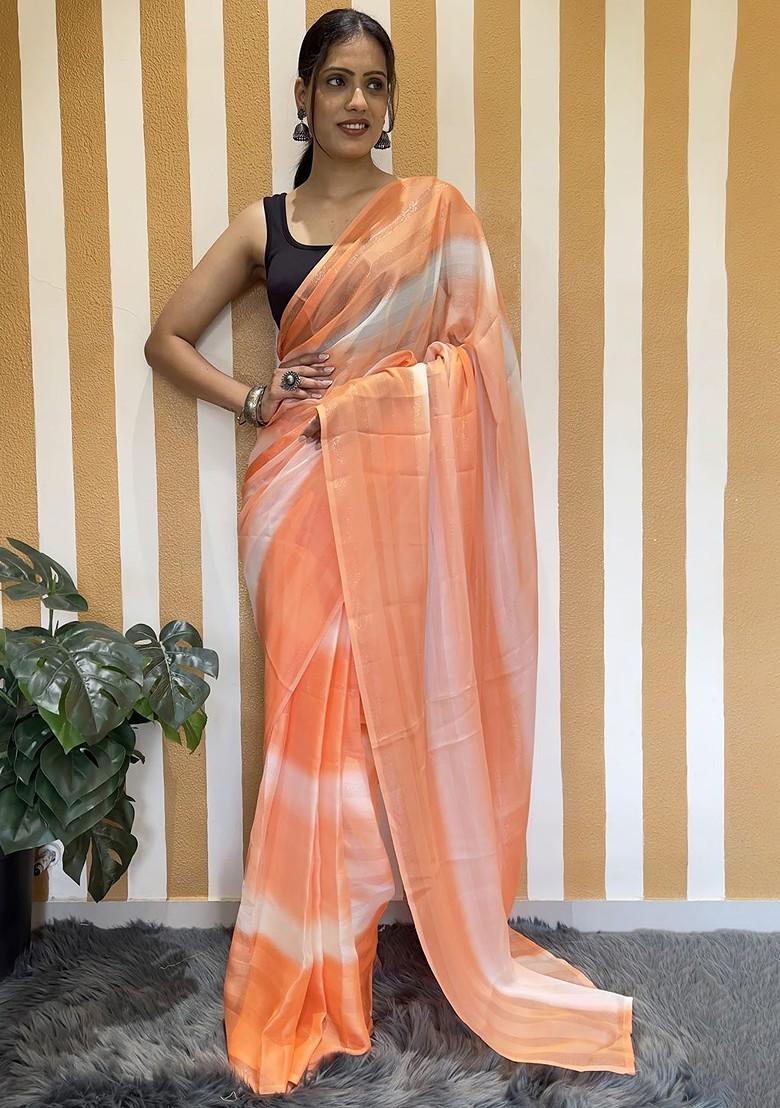 Orange Striped Chiffon Saree Set