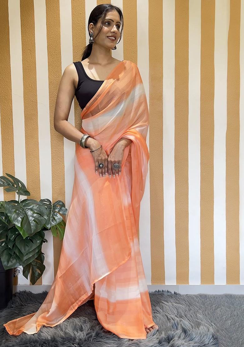 Orange Striped Chiffon Saree Set