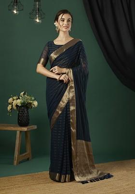 Blue Zari Chiffon Saree Set