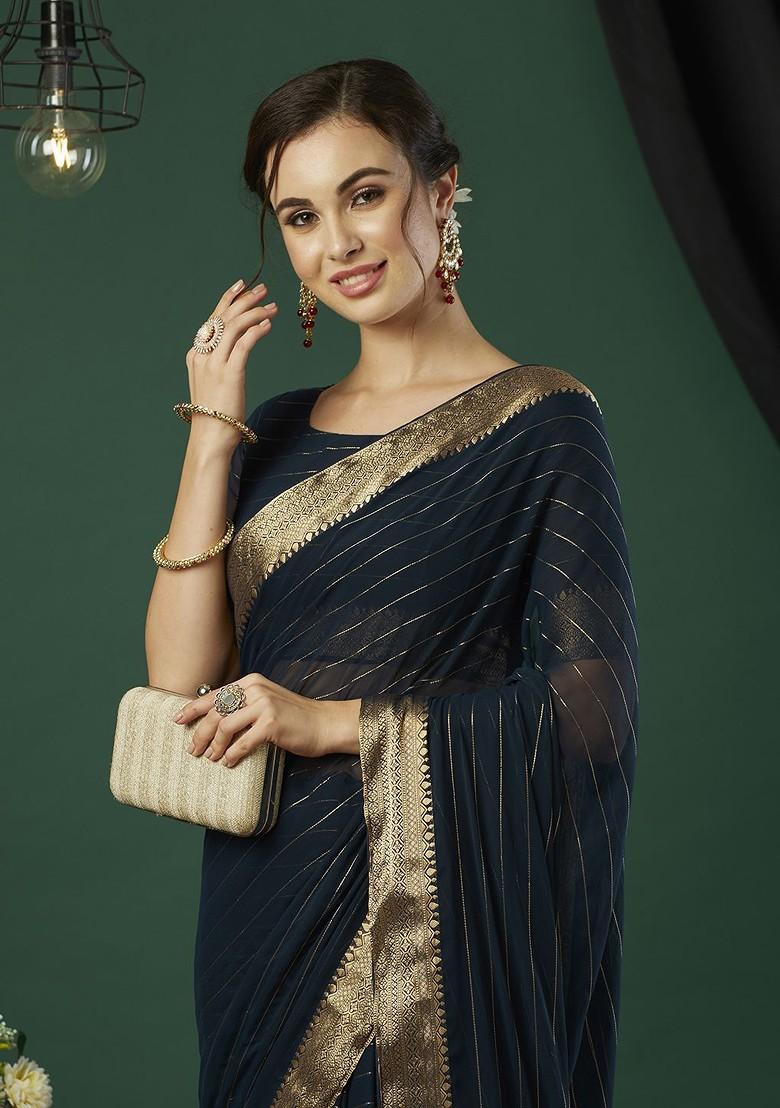 Blue Zari Chiffon Saree Set