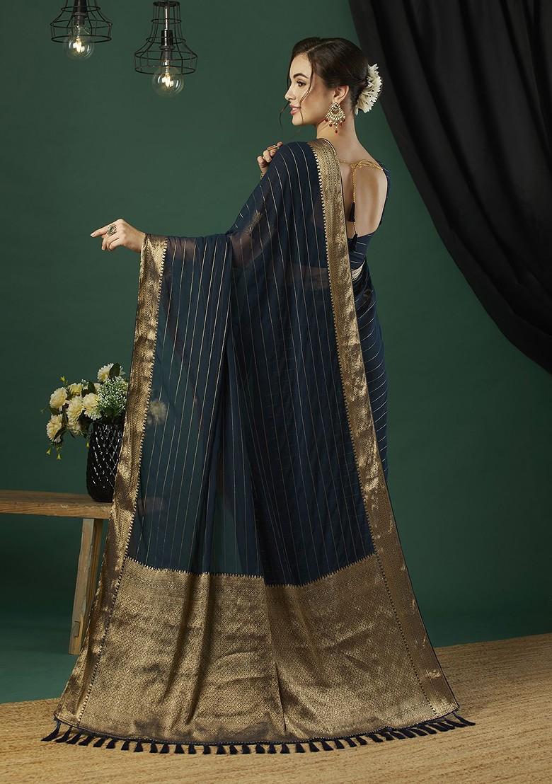 Blue Zari Chiffon Saree Set