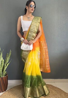 Yellow Zari Organza Saree Set