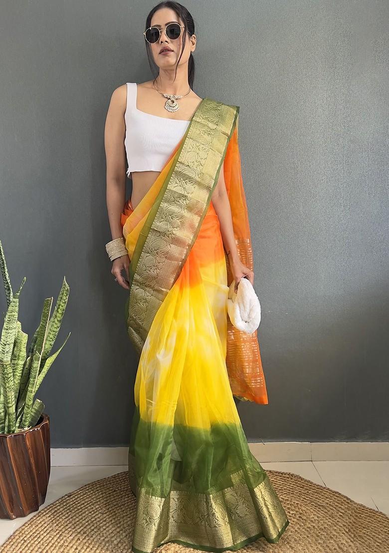 Yellow Zari Organza Saree Set
