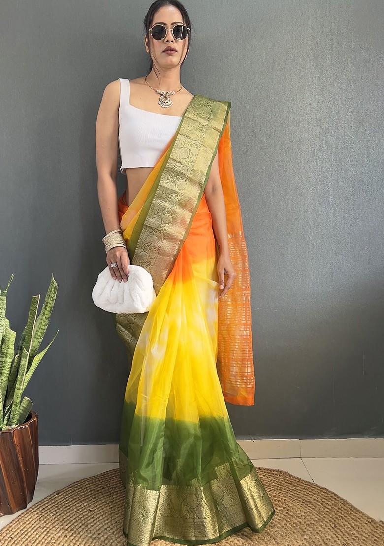 Yellow Zari Organza Saree Set