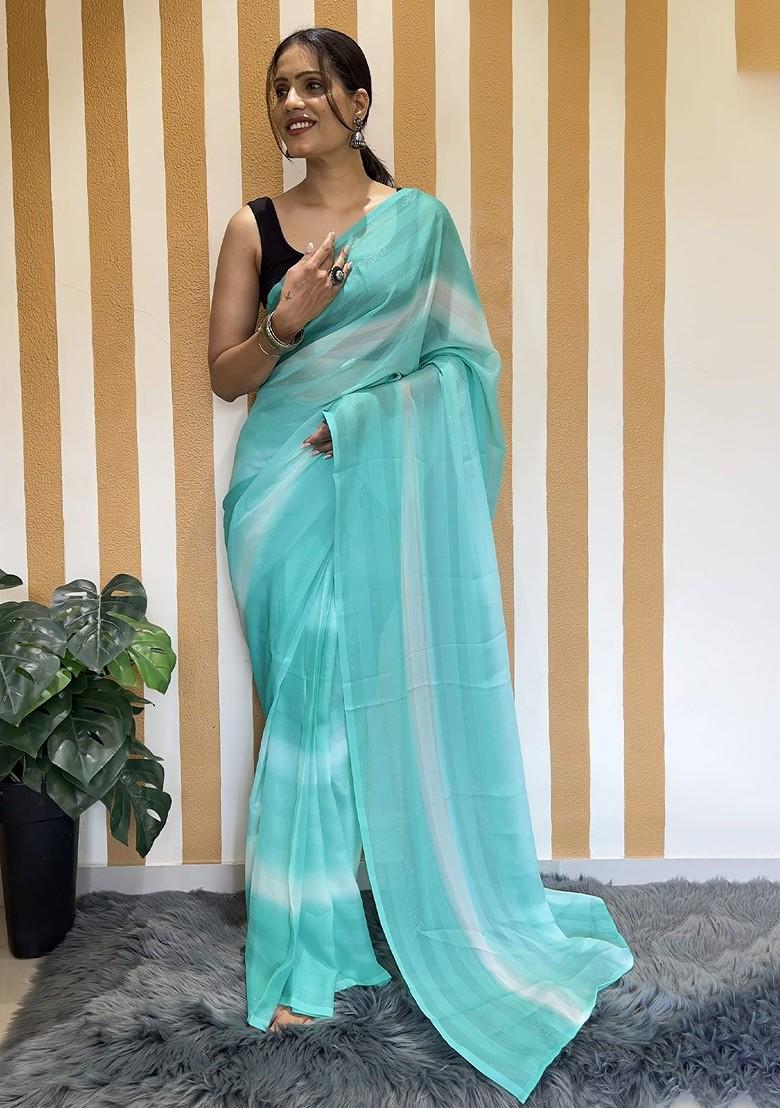 Blue Striped Chiffon Saree Set