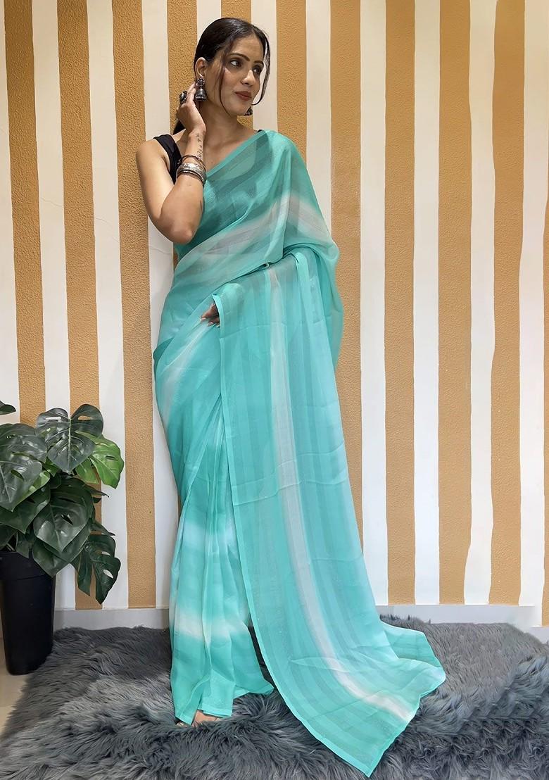 Blue Striped Chiffon Saree Set