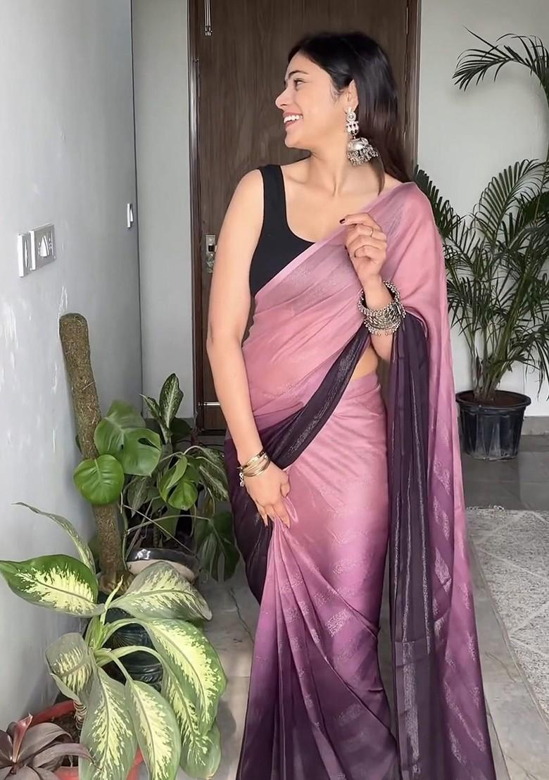 Purple Embroidered Chiffon Saree Set