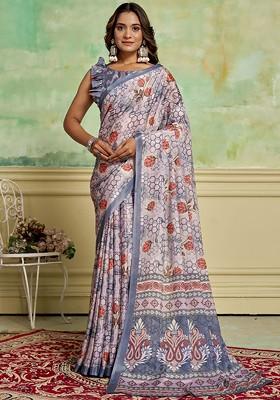 Grey Floral Printed Poly Blend Saree Set