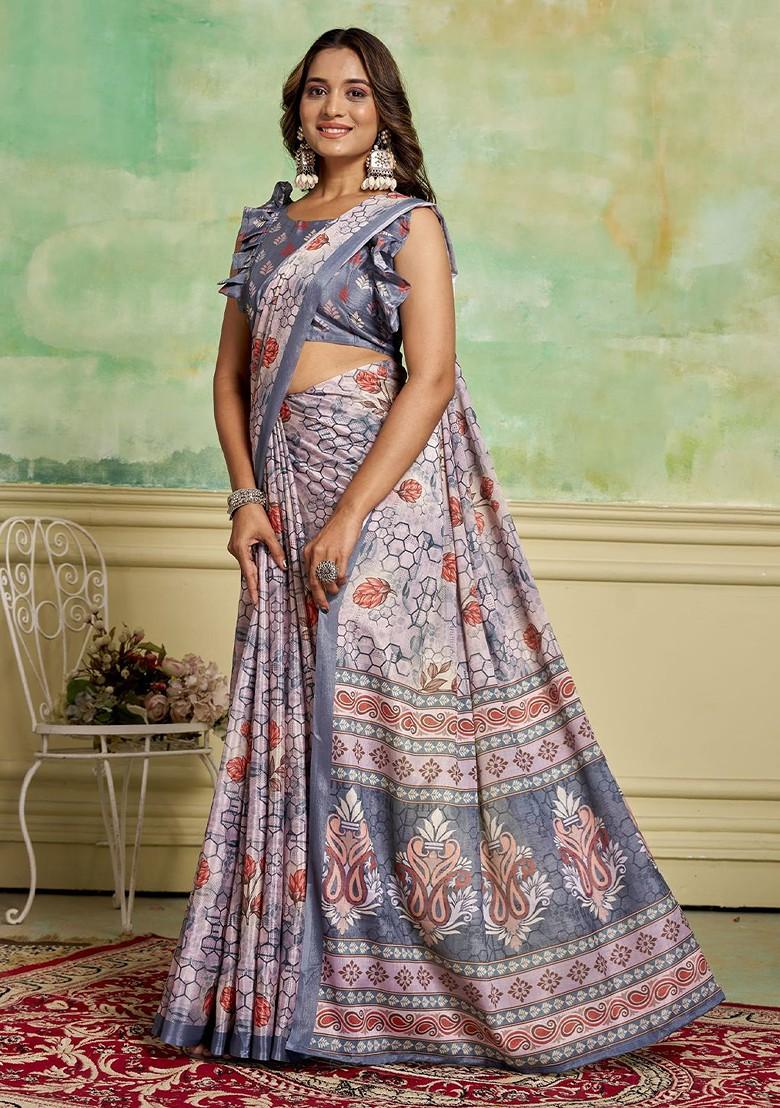 Grey Floral Printed Poly Blend Saree Set