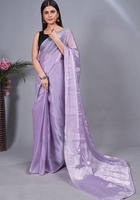 Purple Embroidered Crepe Saree Set