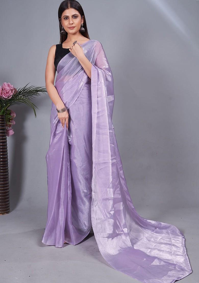 Purple Embroidered Crepe Saree Set