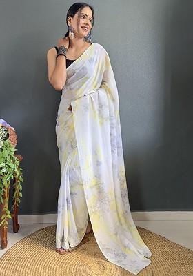 White Floral Printed Chiffon Saree Set