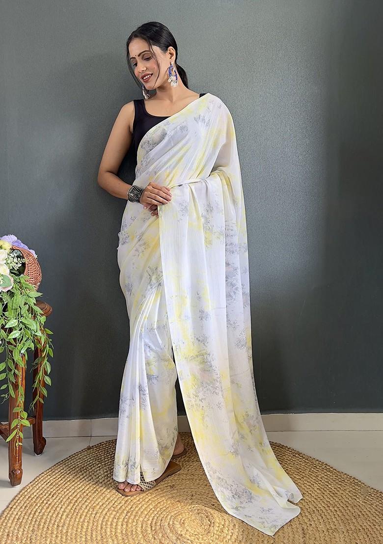 White Floral Printed Chiffon Saree Set