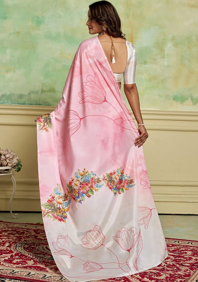 Pink Floral Printed Crepe Saree Set