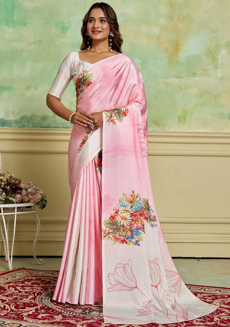 Pink Floral Printed Crepe Saree Set