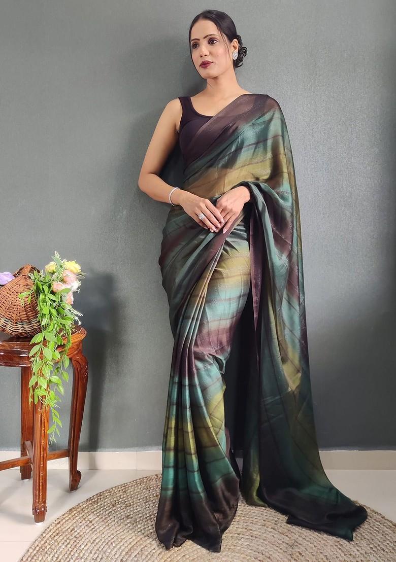 Green Striped Crepe Saree Set