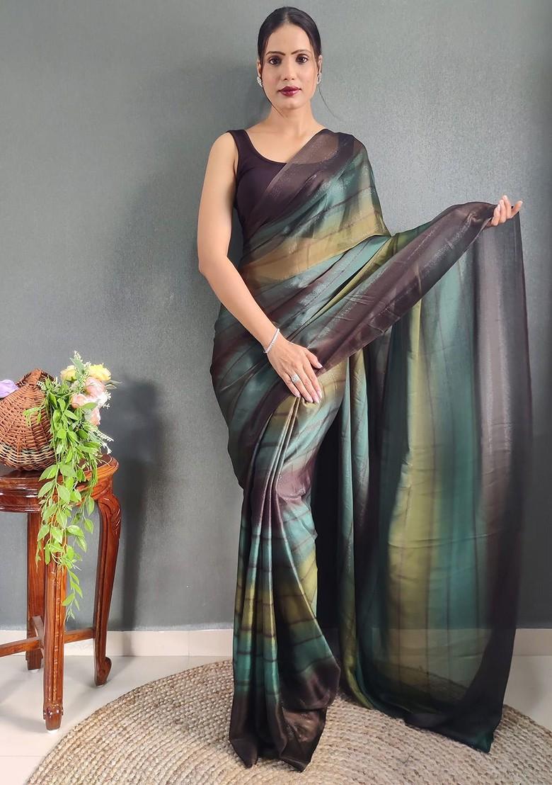 Green Striped Crepe Saree Set