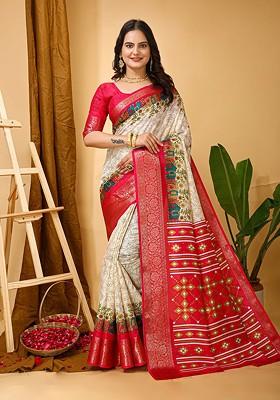 Off White Kalamkari Kanjeevaram Silk Saree Set