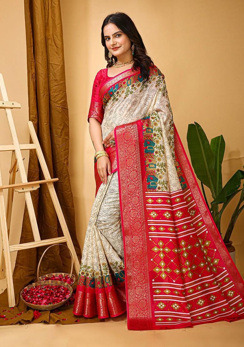 Off White Kalamkari Kanjeevaram Silk Saree Set