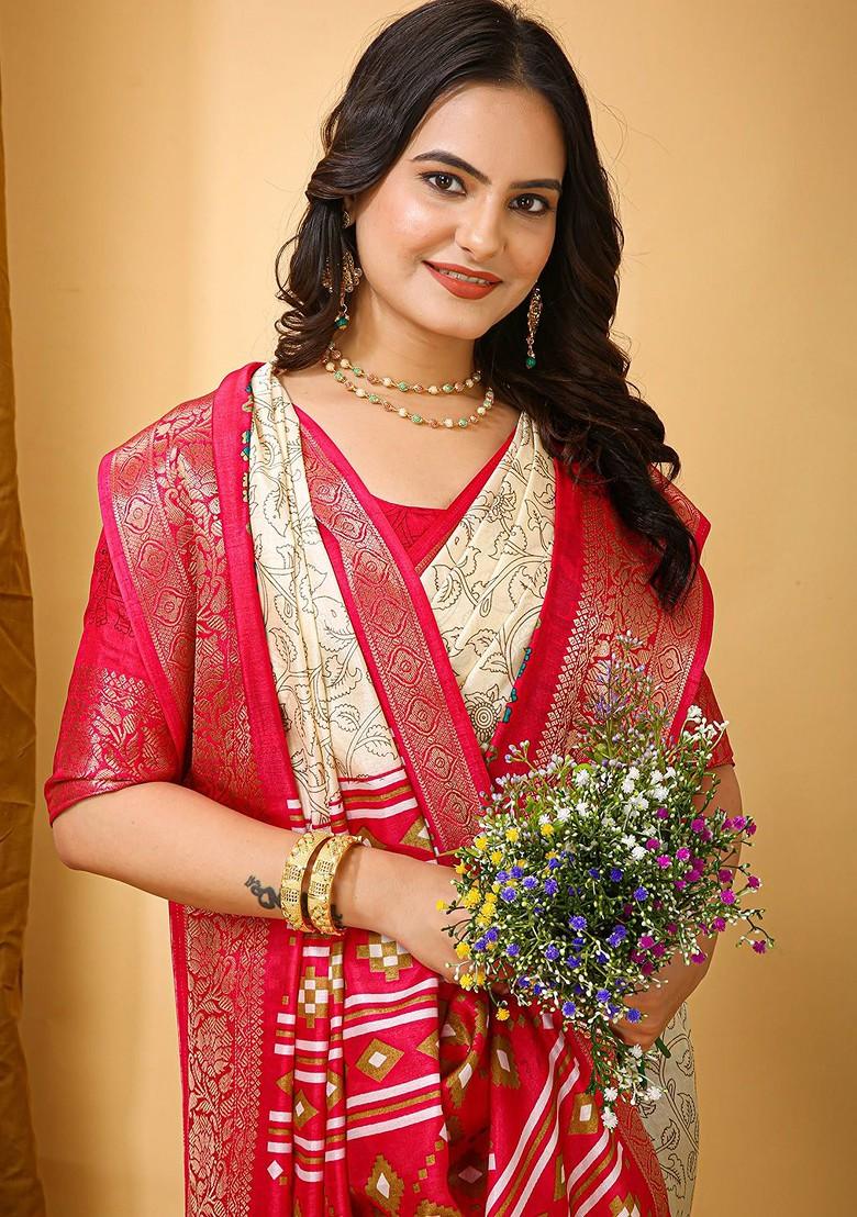 Off White Kalamkari Kanjeevaram Silk Saree Set