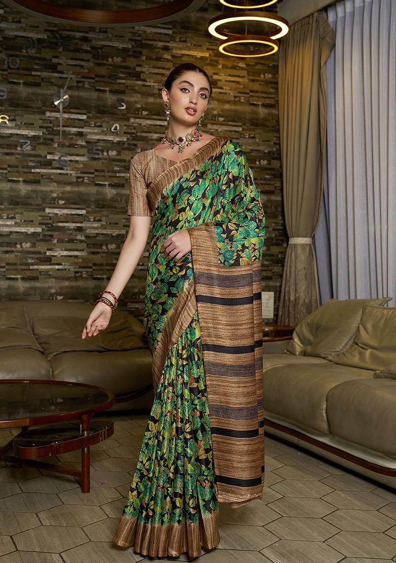 Green Floral Printed Silk Saree Set