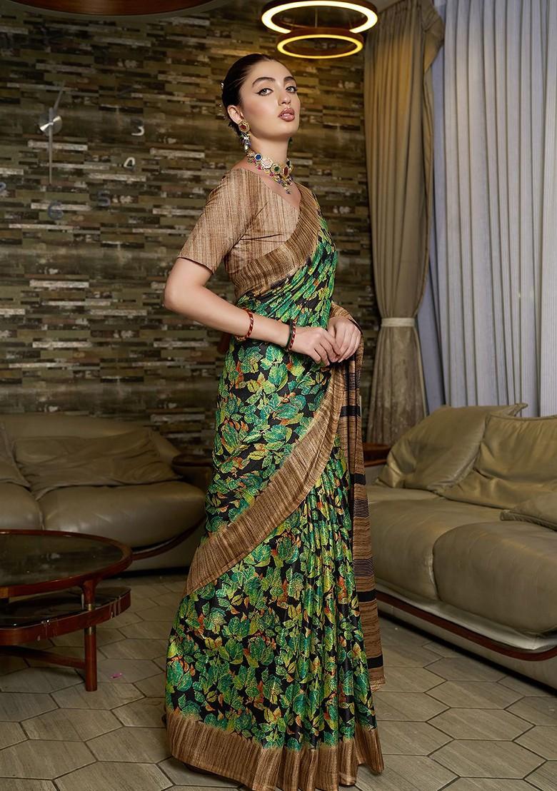 Green Floral Printed Silk Saree Set