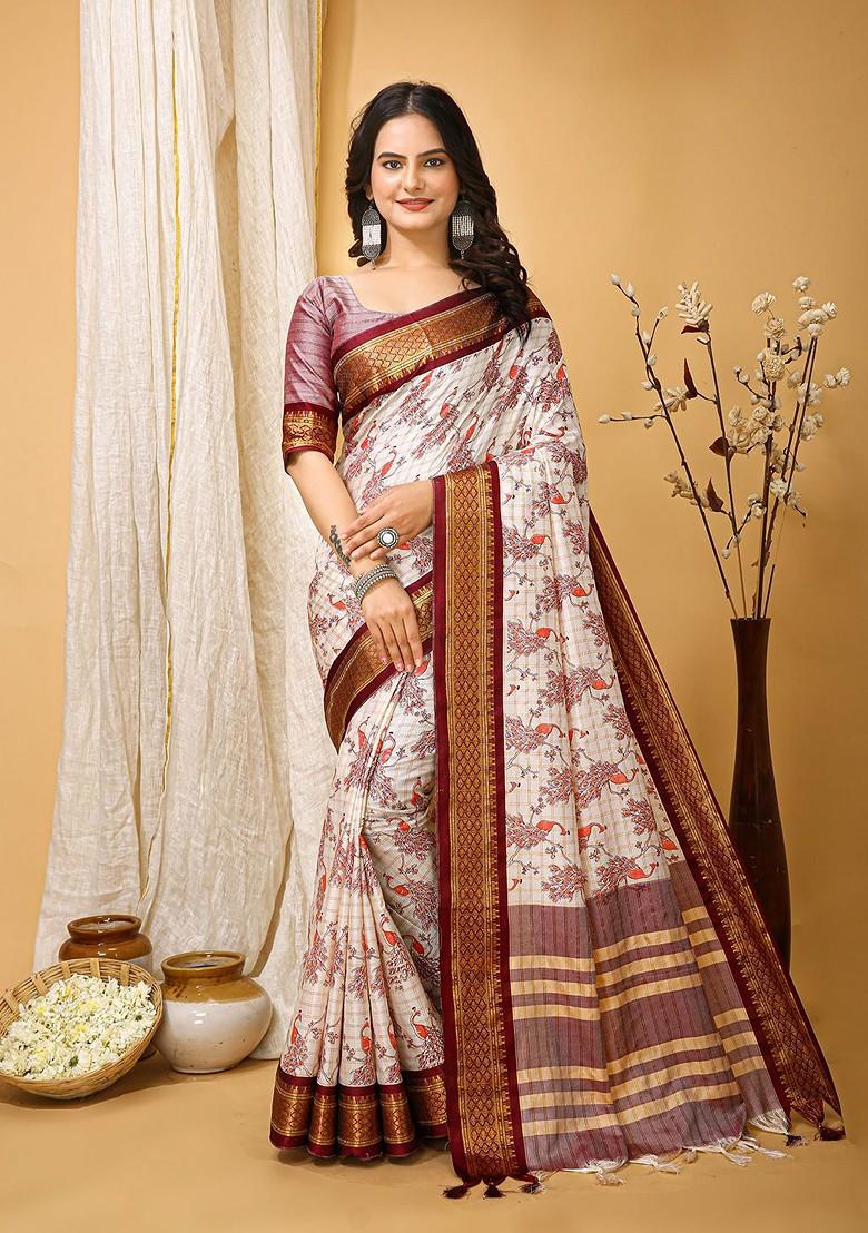 White Zari Cotton Saree Set
