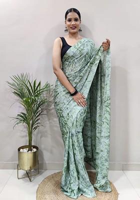 Green Floral Printed Georgette Saree Set