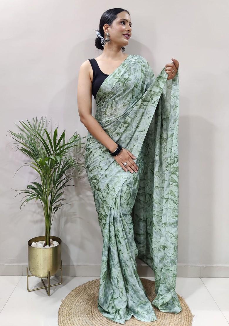 Green Floral Printed Georgette Saree Set