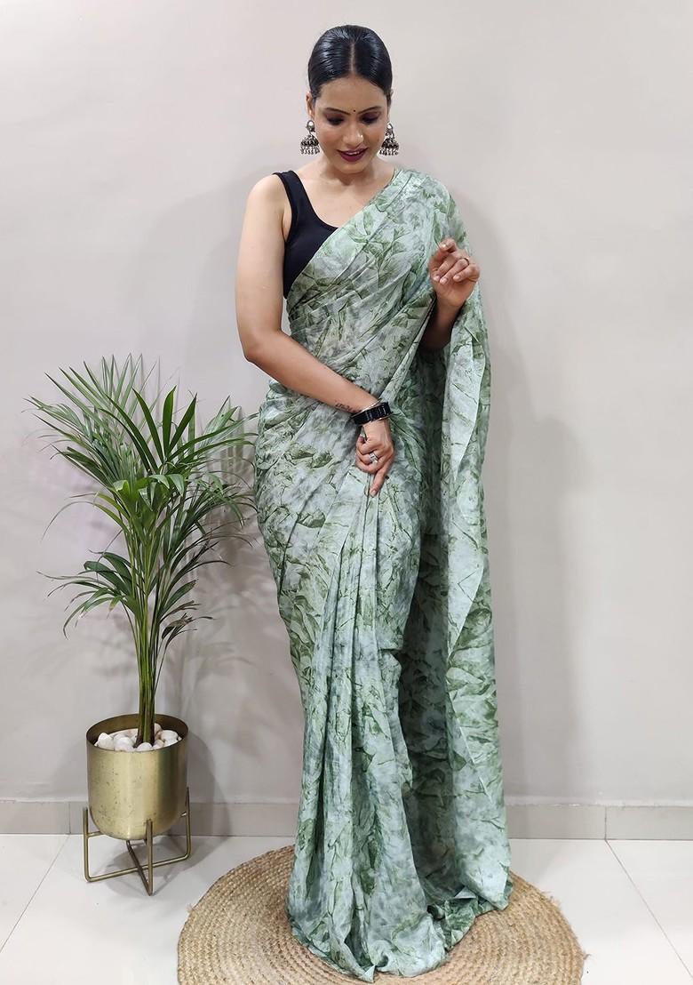 Green Floral Printed Georgette Saree Set