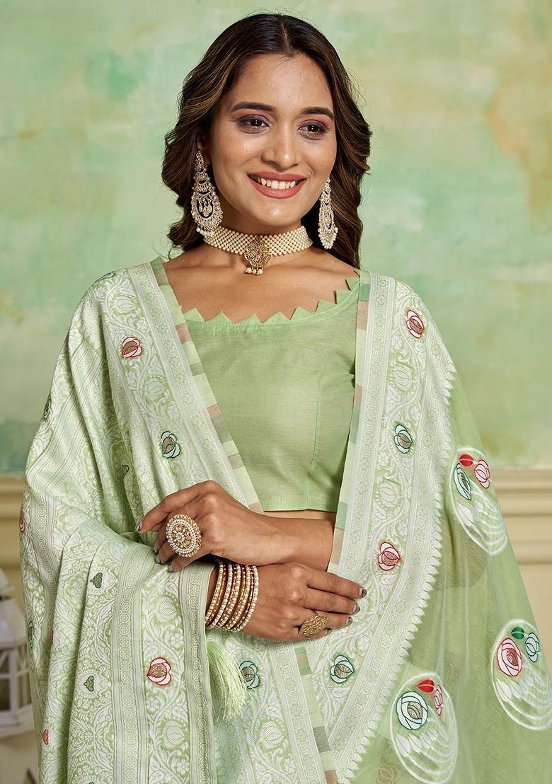 Green Zari Cotton Saree Set