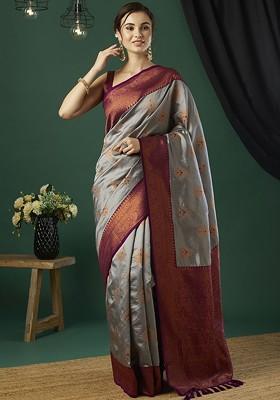 Grey Zari Silk Saree Set