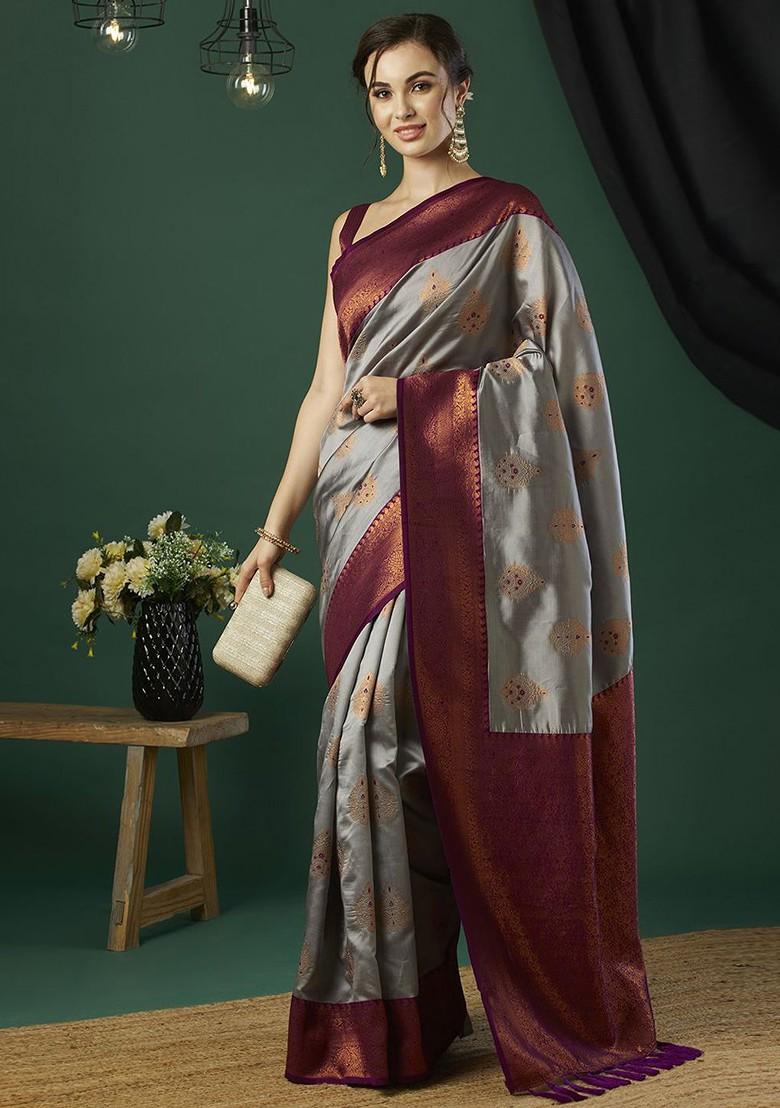 Grey Zari Silk Saree Set