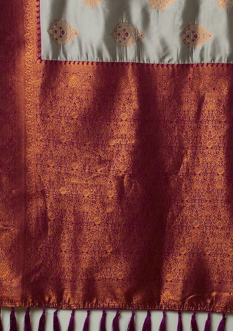 Grey Zari Silk Saree Set
