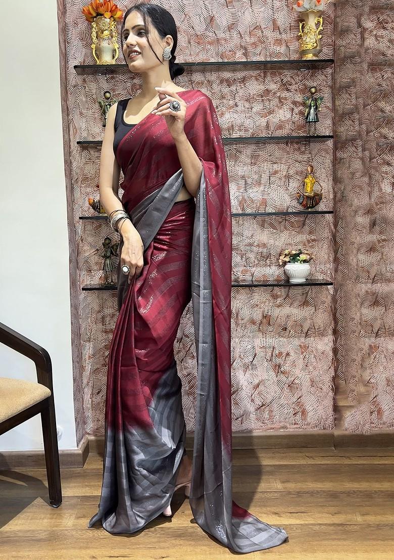 Maroon Block Print Chiffon Saree Set