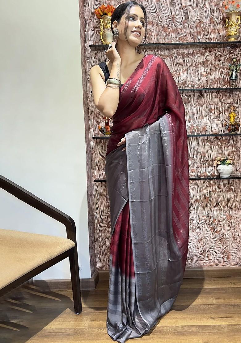 Maroon Block Print Chiffon Saree Set