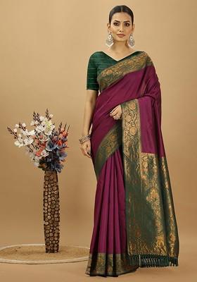 Purple Embroidered Kanjeevaram Silk Saree Set