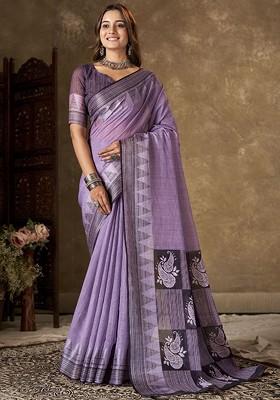 Purple Block Print Linen Saree Set