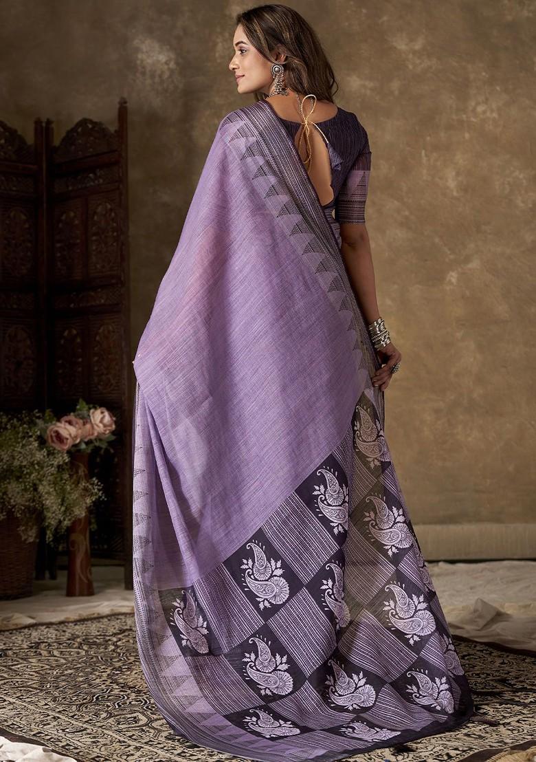 Purple Block Print Linen Saree Set