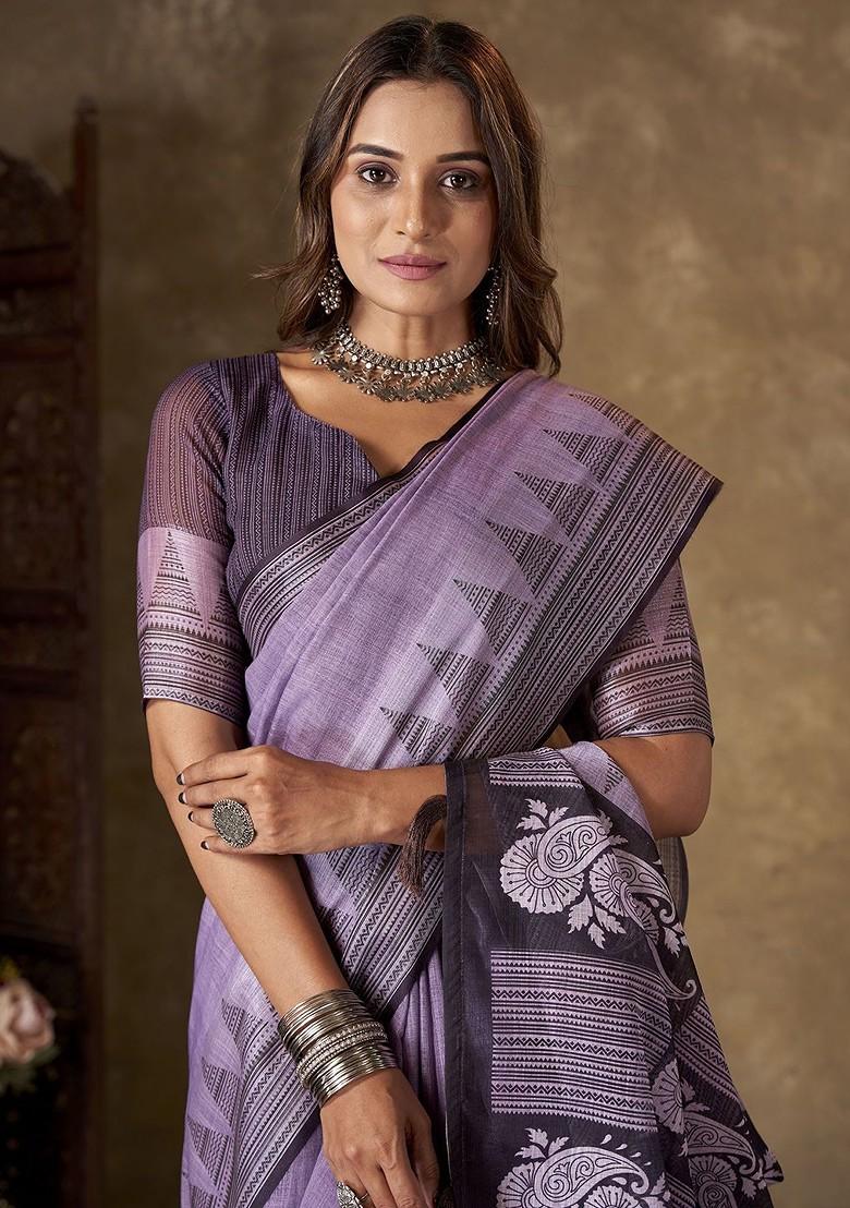 Purple Block Print Linen Saree Set
