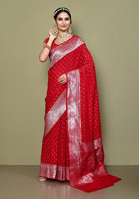 Red Zari Work Banarasi Silk Saree Set