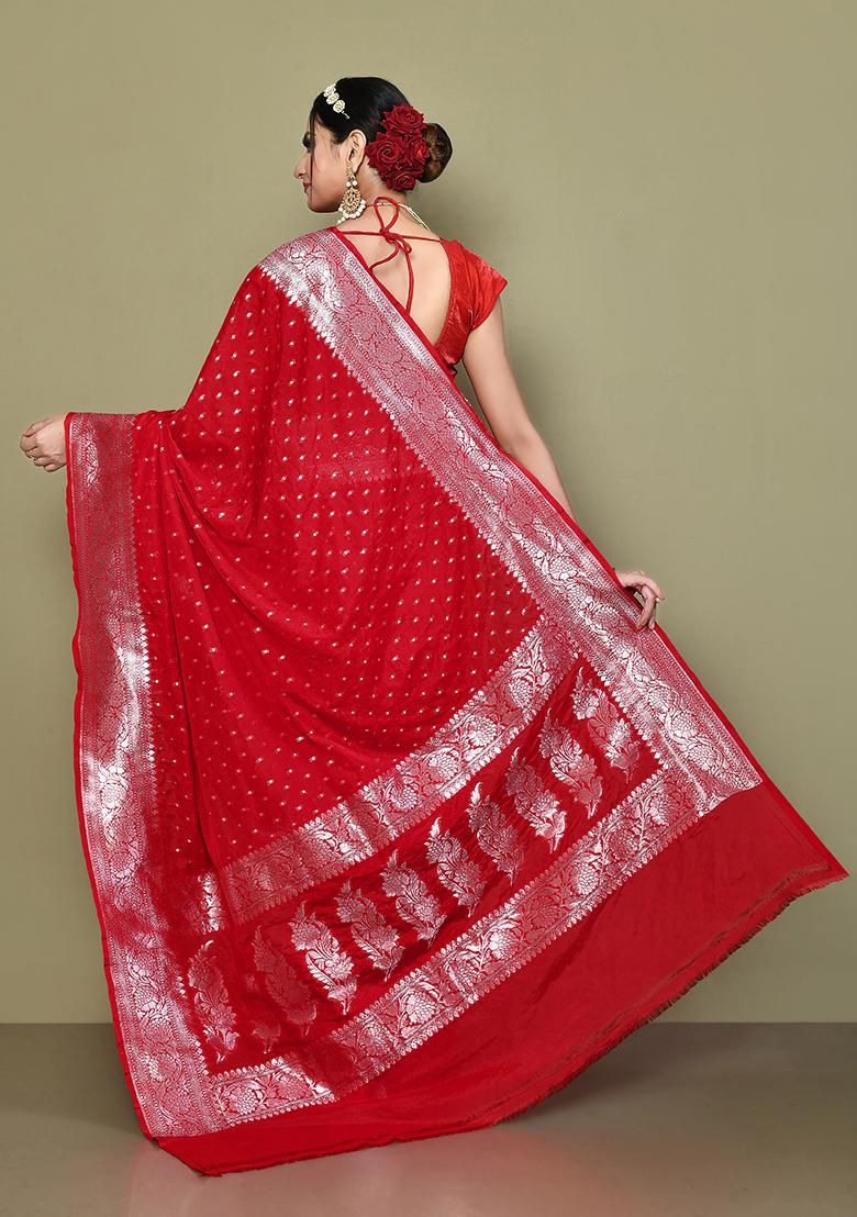 Red Zari Work Banarasi Silk Saree Set